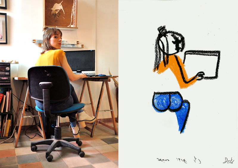 דדה, ניצן עסוקה במחשב, 2014, פסטל-שמן על נייר, באדיבות האומן