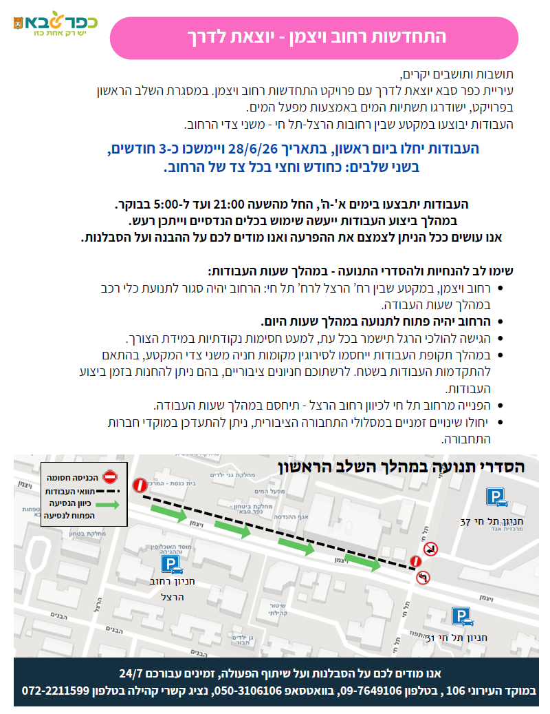 מודעה גרפית - התחדשות רחוב ויצמן יוצאת לדרך - הסדרי תנועה בשלב הראשון