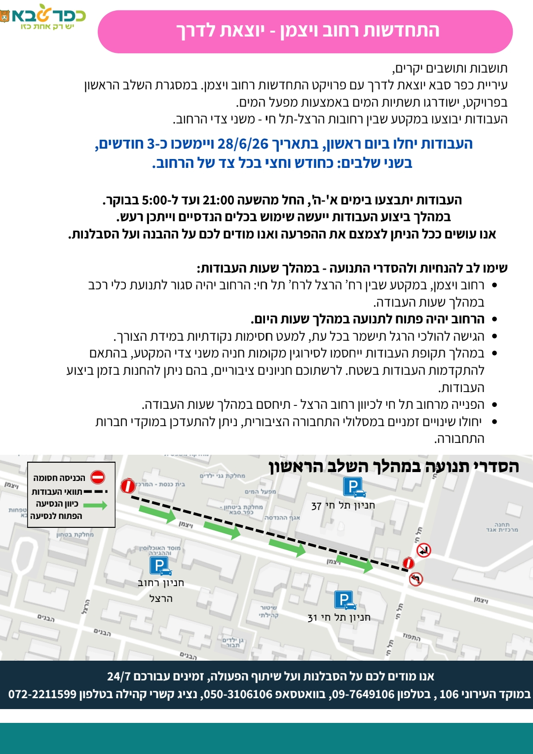 מודעה גרפית - התחדשות רחוב ויצמן יוצאת לדרך - הסדרי תנועה בשלב הראשון