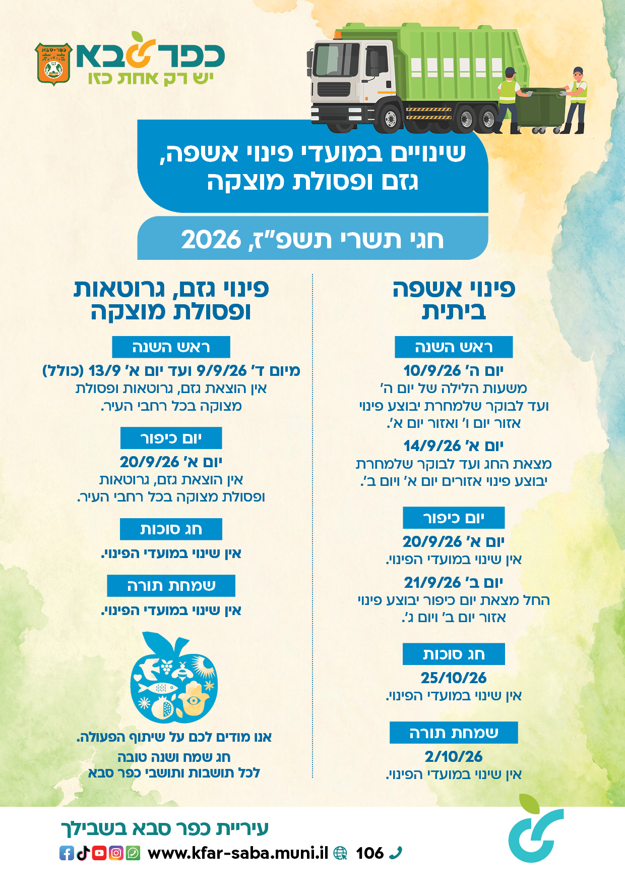 מודעה גרפית - שינויים במועדי פינוי אשפה, גזם ופסולת מוצקה
